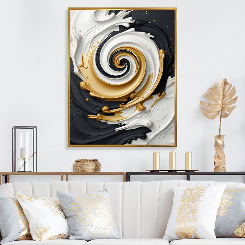 Art liquide sur toile, or liquide et noir et blanc, H 44 po x l 34 po x P 1,5 po, Cadre flottant doré