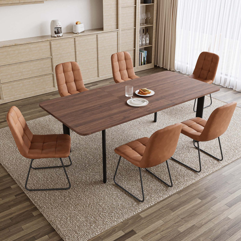 7 - Pieces Modern Kitchen Dining Set, 63'' to 78.7'' Extendable Dining Table with 32.8"H Upholstered Dining Chairs for 6 Person