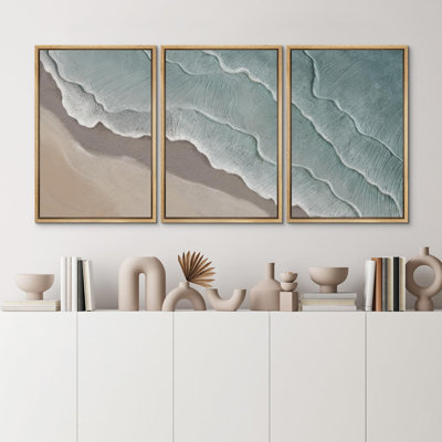 Serene Beach Abstract Coastal Waves Seascape Neutral - Bedroom Framed Wall Art Set 3 Canvas Print