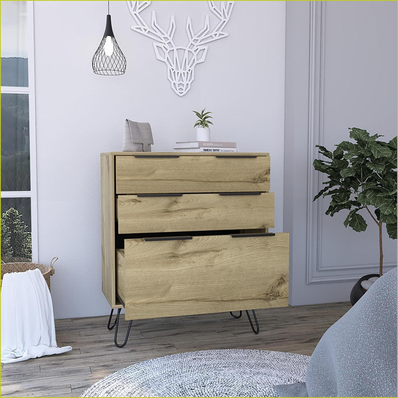 Commode, commode moderne à 3 tiroirs en chêne clair beige avec pieds en épingle à cheveux
