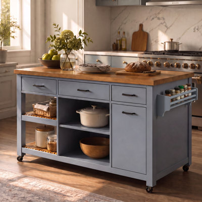 52" Rolling Kitchen Island Cart, Rubber Wood Top, Storage Drawers + Open Shelves + Towel Bar, MDF Frame, Blue Gray
