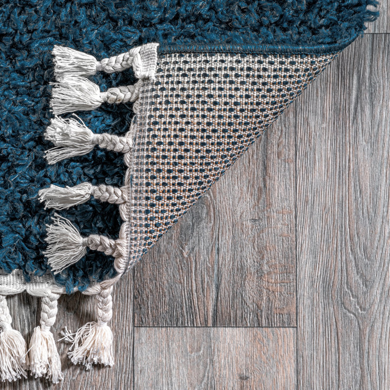 Hollier Modern Power Loom Performance Shag Tasseled Blue Rug, Rectangle 2' x 3' 3"