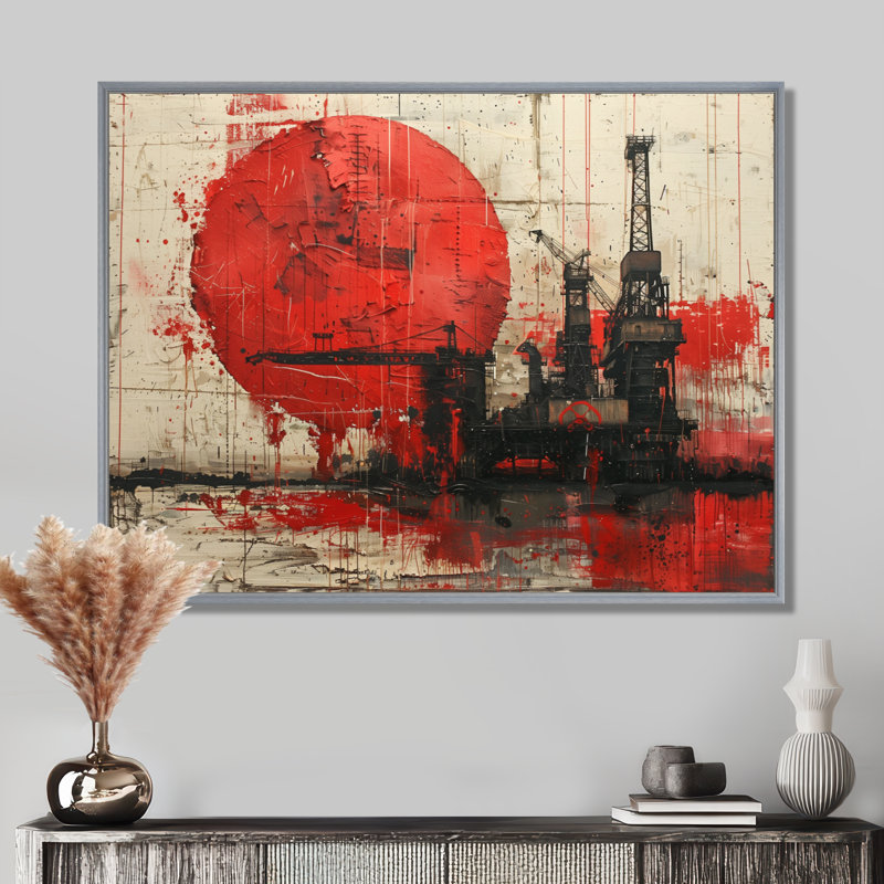 Impression d'art mural rouge noir et pétrochimie, Toile argentée avec cadre flottant, H 16 po x l 32 po x P 1 po