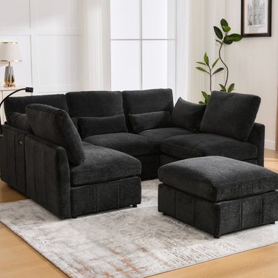 Canapé modulaire en chenille noir de 85,4 po avec deux sièges de charge mobiles, un support pour téléphone et un siège moelleux multifonctionnel en forme de L et un matériau de soutien lombaire confortable
