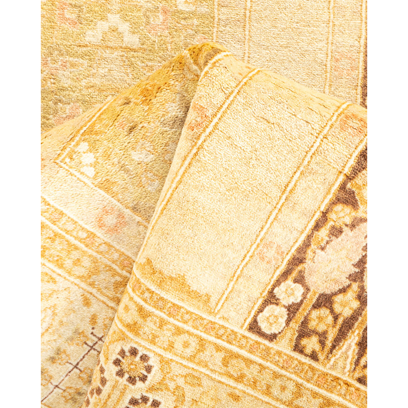 Ivory and Beige Hand-Knotted Wool Runner Rug with Floral Motif