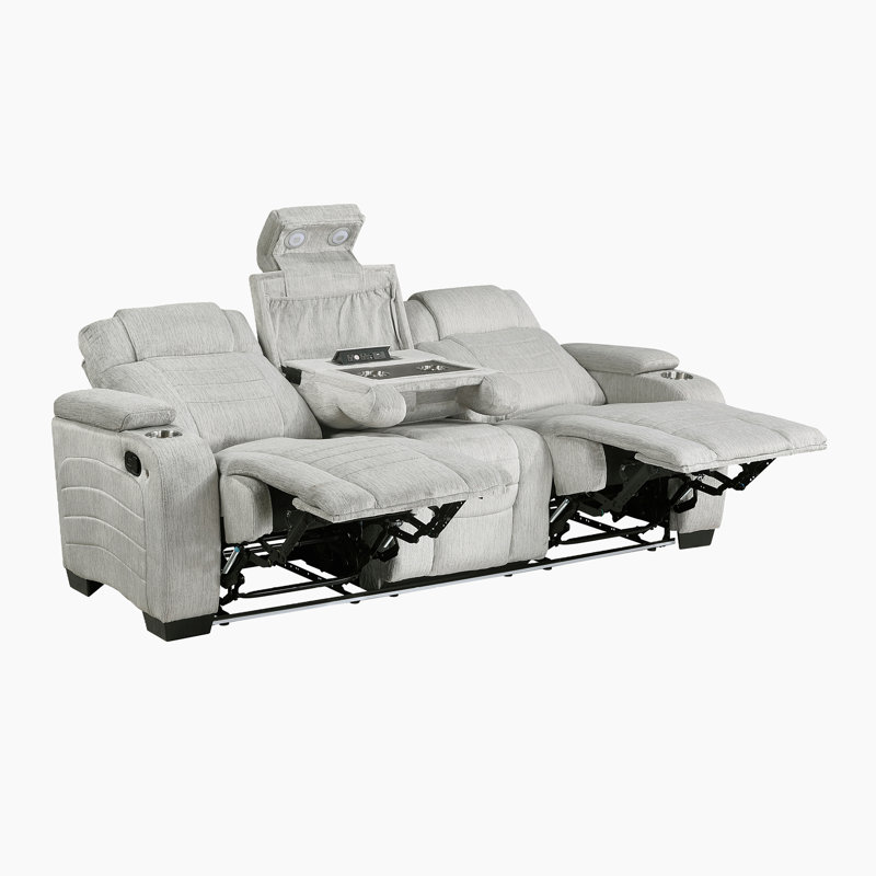 Denning 84" Modern & Contemporary Sofa - Microfiber Reclining Sofa with Drop-Down Table (Power & USB), Hidden Armrest Storage, LED Lighting, and Comfortable Reclining.