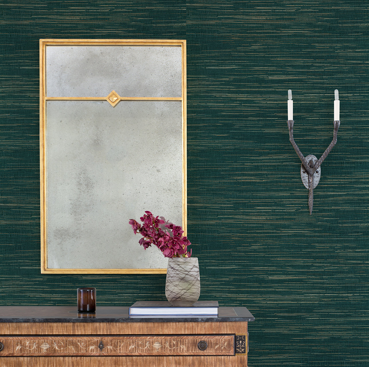 Hamza Modern Grass Cloth Abstract Wallpaper, Teal, 20.5" W x 33' L