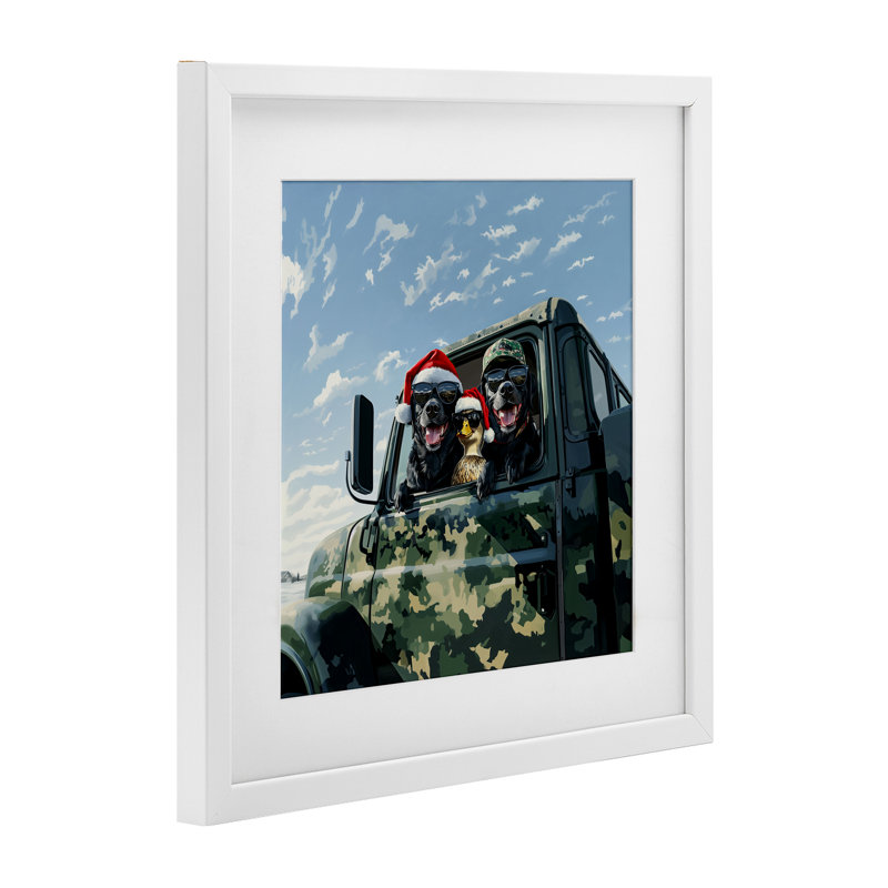 «Santa Dogs & Duck», reproduction encadrée sous verre, conception de Jim Baldwin, H 13 po x l 13 po, Cadre blanc côtier