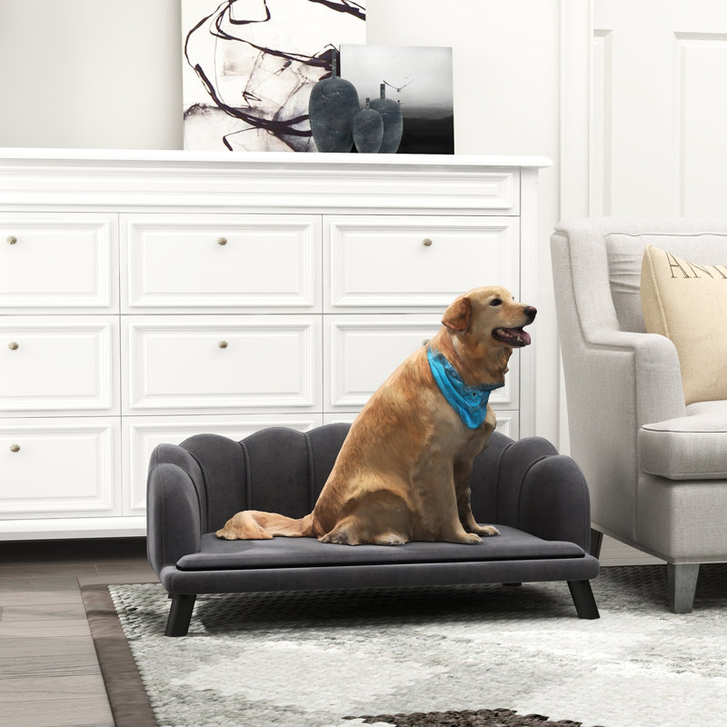 Lit pour chien en velours gris anthracite avec rembourrage en mousse - élégant et spacieux pour les canines de taille moyenne et grande, coussin lavable, pieds en bois, support perlé