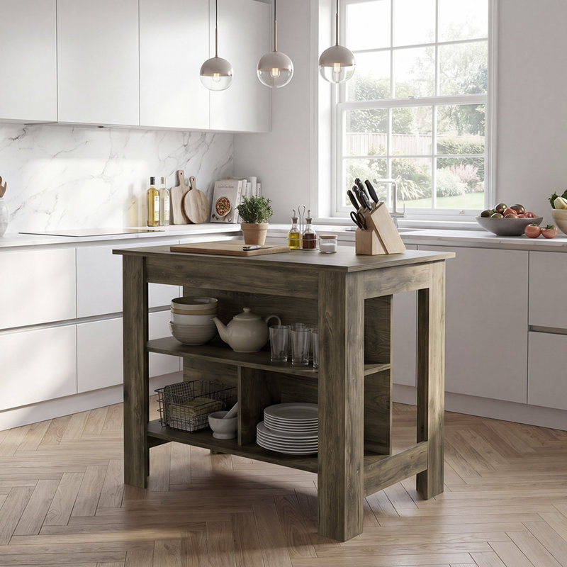 Îlot de cuisine avec trois tablettes de rangement, Brun, H 35,4 po x l 40,5 po x P 27,5 po, Brun