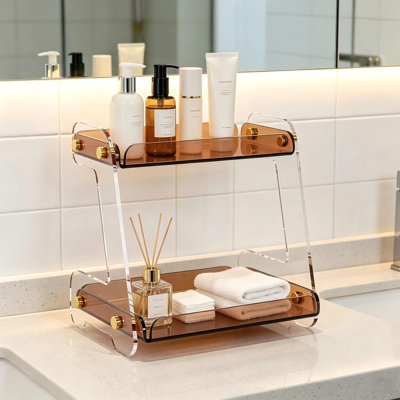Organisateur de comptoir de salle de bain à 2 niveaux en acrylique transparent, tablette de rangement de style marbre pour coiffeuse et commode