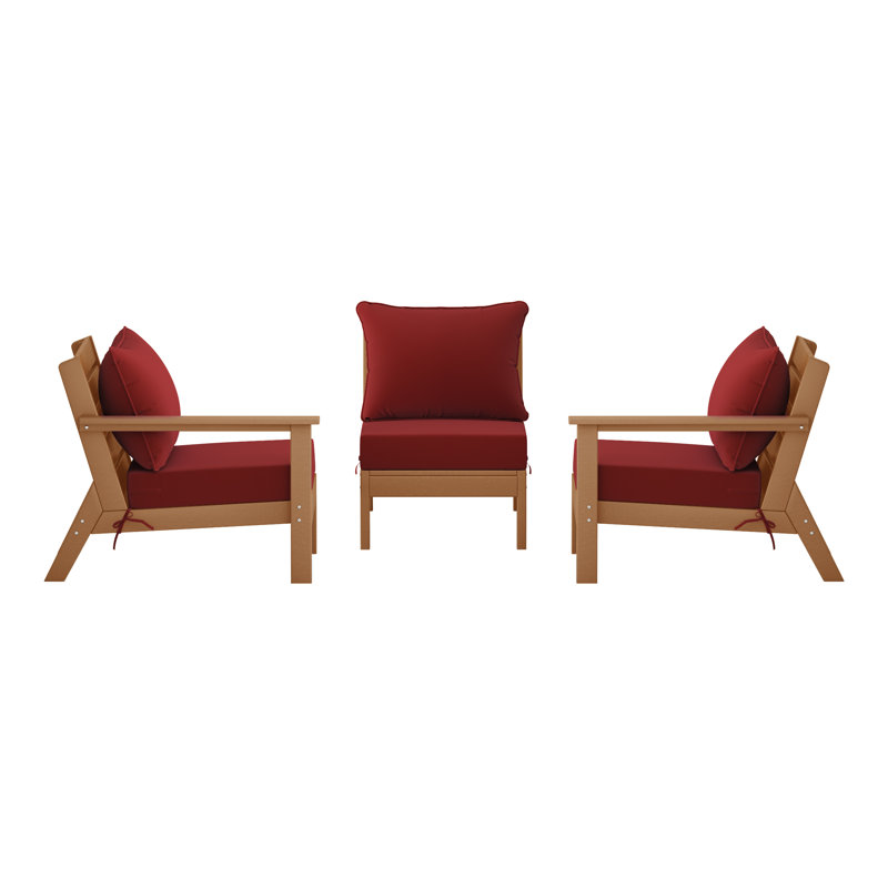 3-Piece Deep Seating Set With Cushions, Teak, Red