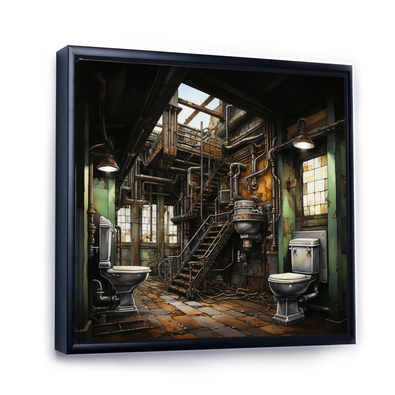 " Toilet Industrial Elegance Mixed II ", Black Floater Framed, 24" H x 24" W x 1" D