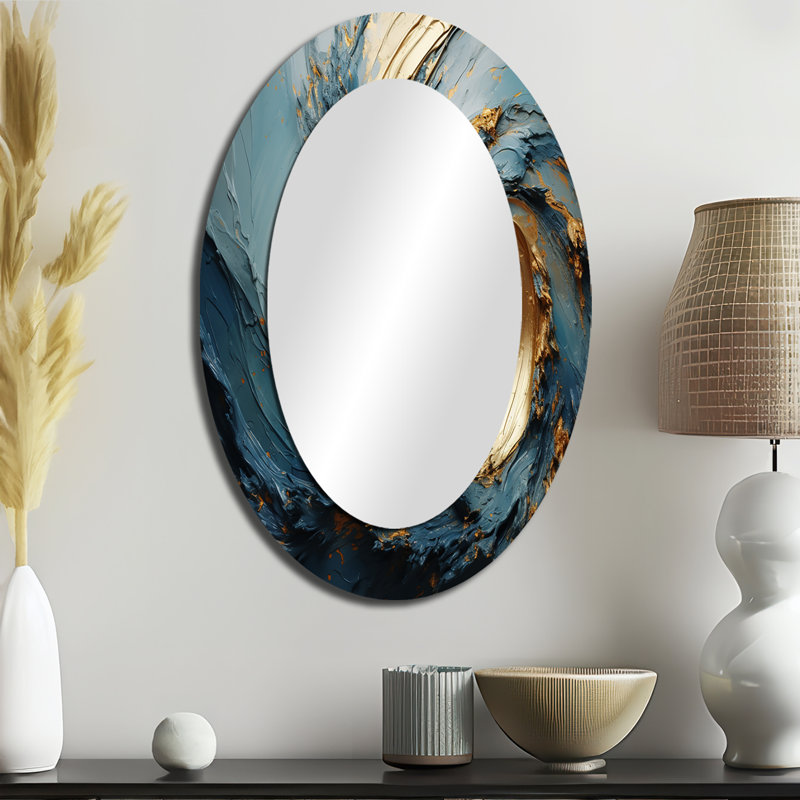 Gold And Blue Vortex Poteries - Gold Modern Oval Wall Mirror, 36" x 24"