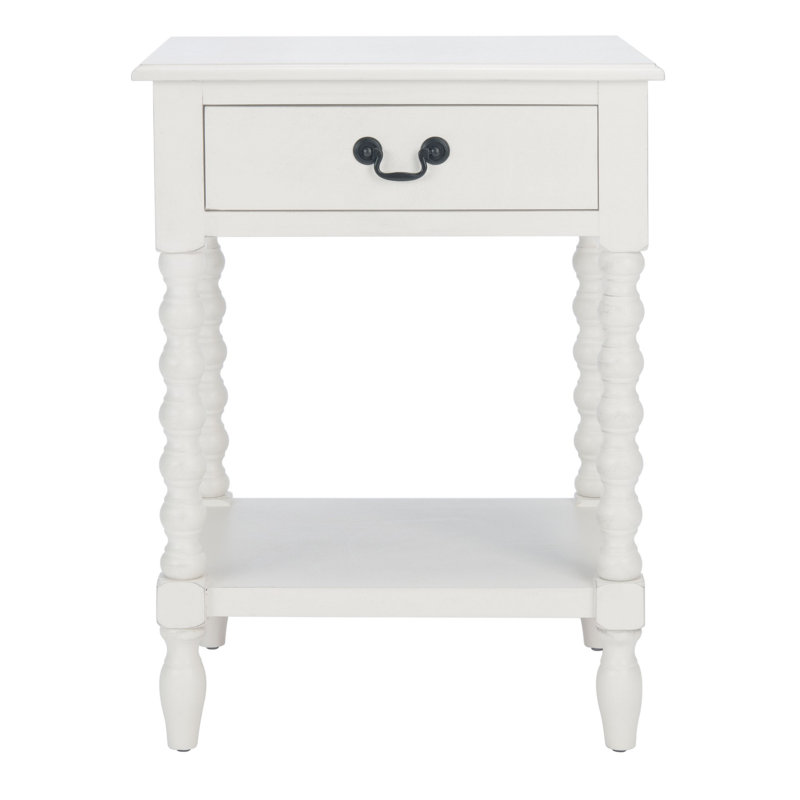 Modern Athena Farmhouse End Table –Solid Wood Design in Distressed White with Storage Drawer & Shelf, Distressed White