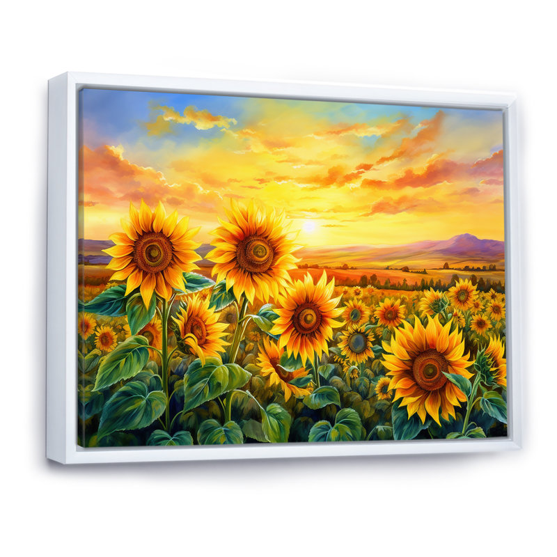 Sunflowers Burning Sunset - Tournesols, reproductions encadrées, Cadre flottant blanc, H 24 po x l 32 po x P 1 po