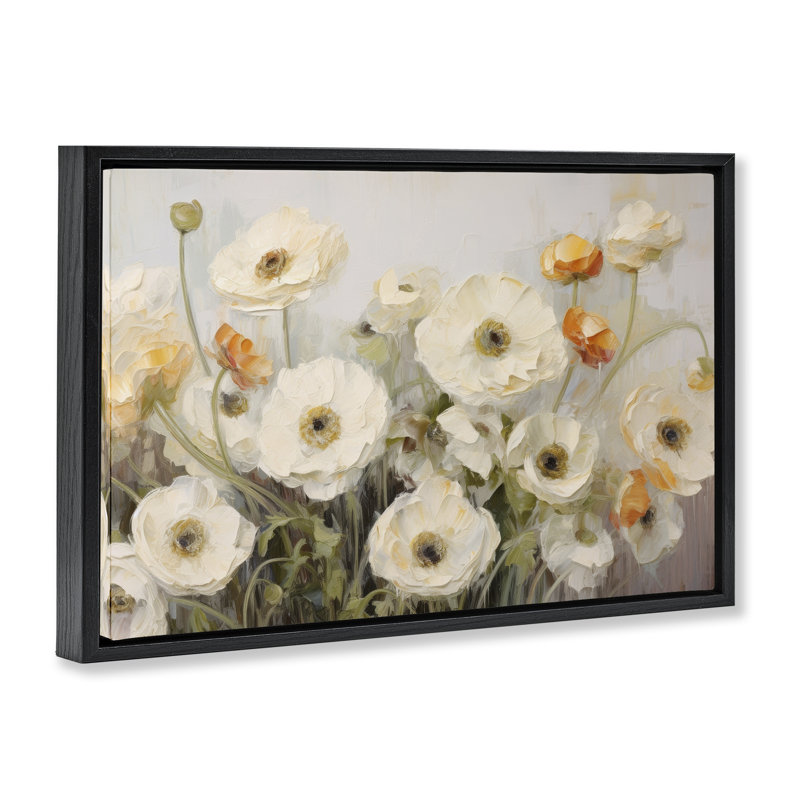 «White Ranunculus Blooms», toile flottante encadrée par Petals Prints Design, Cadre flottant noir de jais, H 21 po x l 31 po