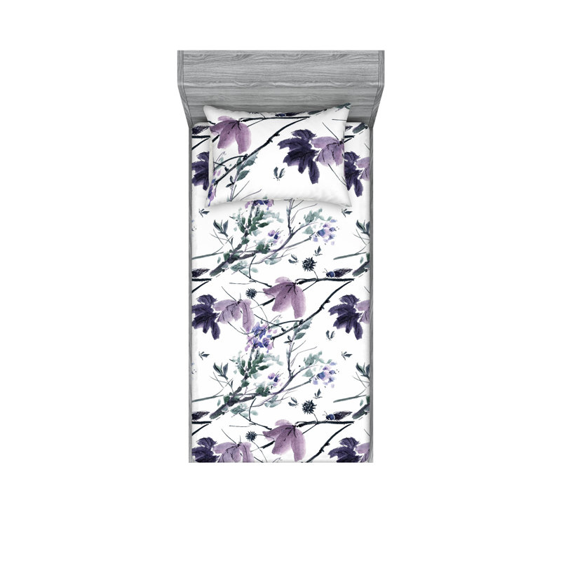 Drap-housse et taies décoratives 3 pièces Ambesonne, Vert laurier, mauve / floral