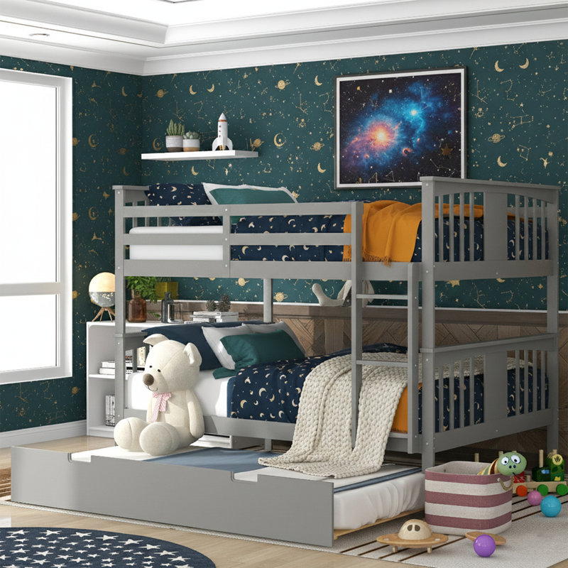 Lit superposé double au dessus d'un lit double avec lit gigogne simple et échelle - convertible en 2 lits individuels - Gris
