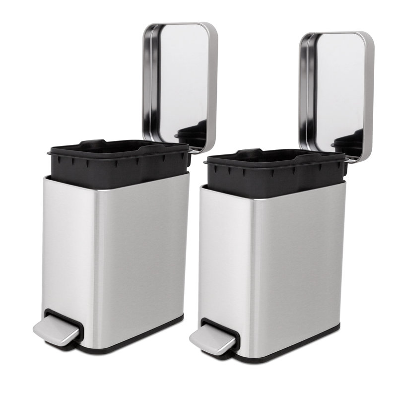Slim Silver Stainless Steel Step Trash Cans, 1.3 Gallon, Twin Pack