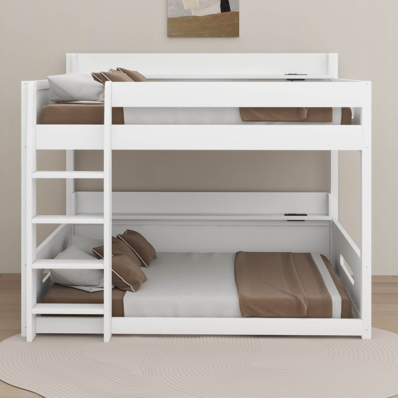 Queen Over Queen Bunk Bed With Storage Shelves & USB Ports, White