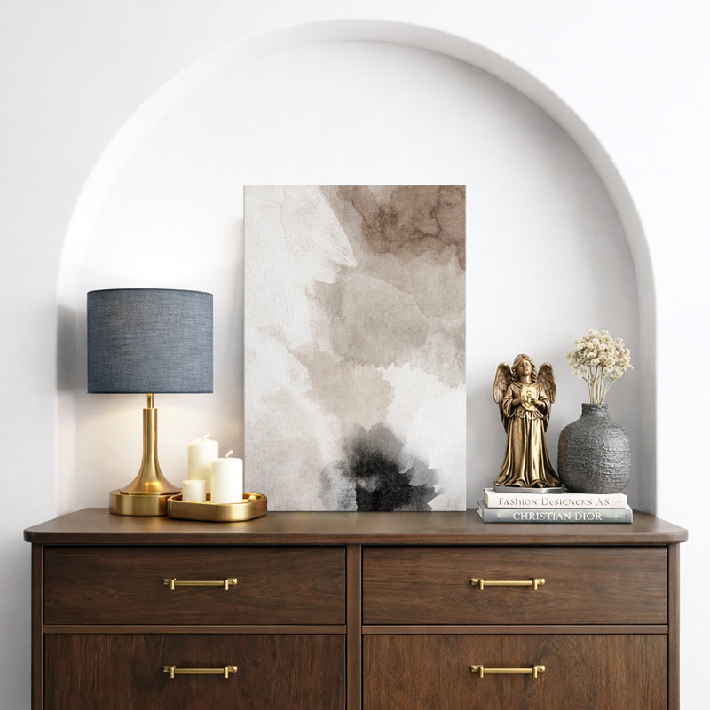 Grunge Abstract Paint Stroke Effect "Faded Tan And Gray Neutral Artwork, Minimalist Modern Contemporary Living Room Wall Pictures, Canvas Giclee Print Wall Art"