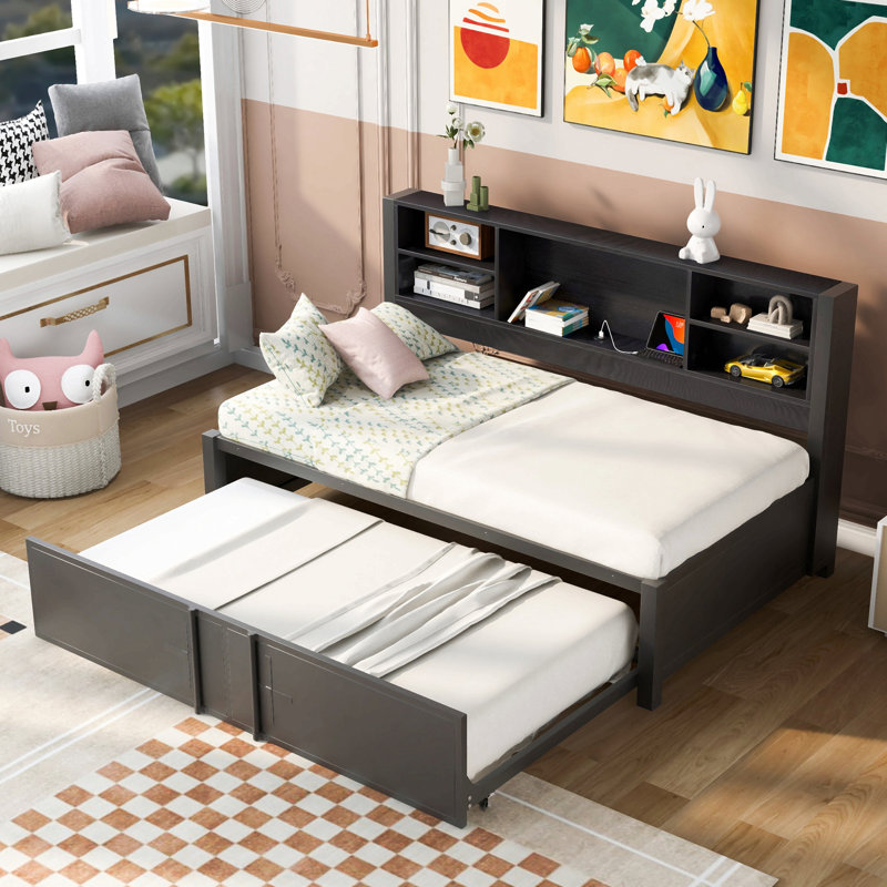 Metal Twin Size Daybed With Twin Size Trundle, Storage Shelves And USB Ports, Black