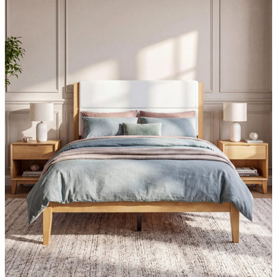 Structure de lit plateforme Mid-Century moderne avec tête de lit tapissier, support de lattes en bois massif, aucun sommier requis, assemblage facile, grand lit, naturel