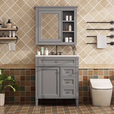 30"Freestanding Bathroom Vanity with Resin Sink and Mirror Cabinet