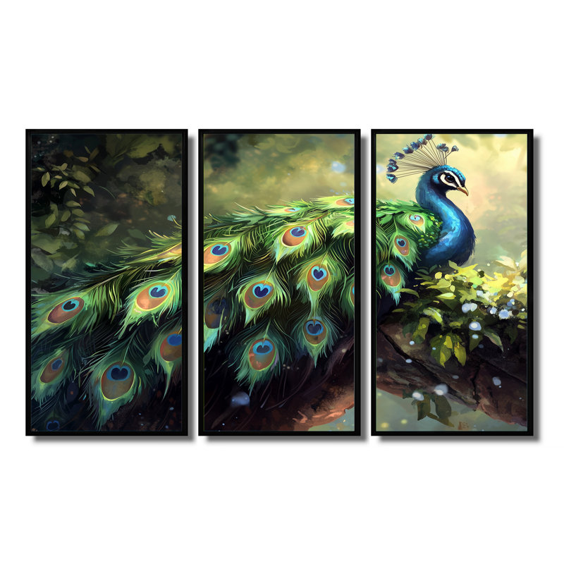 «Royal Peacock Feather Show I», art mural encadré paon - ensemble de 3, Noir, Impression encadrée sans passe-partout