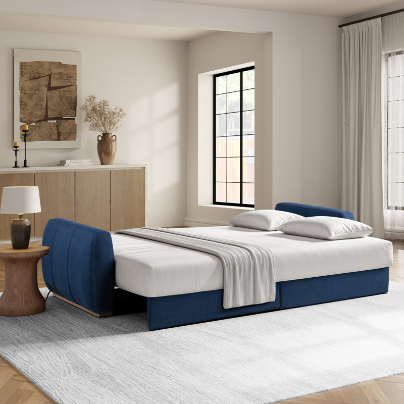 Coddle® Optic Queen Size Convertible Sleeper Sofa with USB-A/C & AC Power Ports in Performance Velvet Fabric, Navy