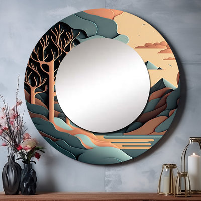 Mountain Trees In Retro Graphic - miroir décoratif montagnes, grand miroir mural rond jaune, impression sur métal
