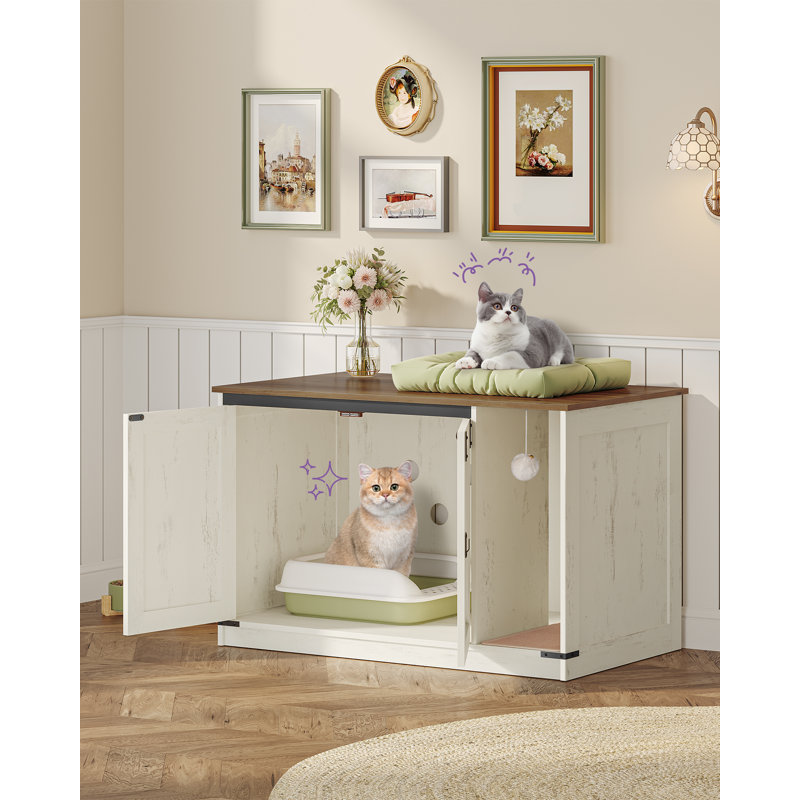 Cat Litter Box Enclosure, Hidden Litter Box Cabinet Furniture with Bell, Indoor Cats House, Farmhouse Style, 39.4 x 21.7X 24.8 Inches for Hallway, Bedroom, Rustic Brown and White