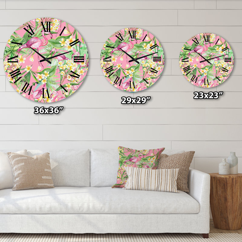 Horloge murale moderne feuillage tropical, fleurs jaunes avec flamant III, Grand