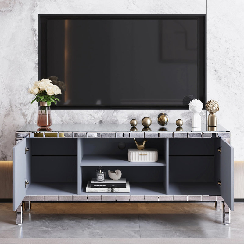 Meuble audio-vidéo en miroir de 60 po, téléviseur de 65 po, portes diamant étincelantes, support de solution de rangement personnalisable, style concassé, modulaire pour le multimédia