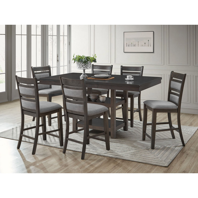 7Pc Wooden Counter Table (+ 18" B. Leaf) Set With Shelves Base, Gray/Light Gray