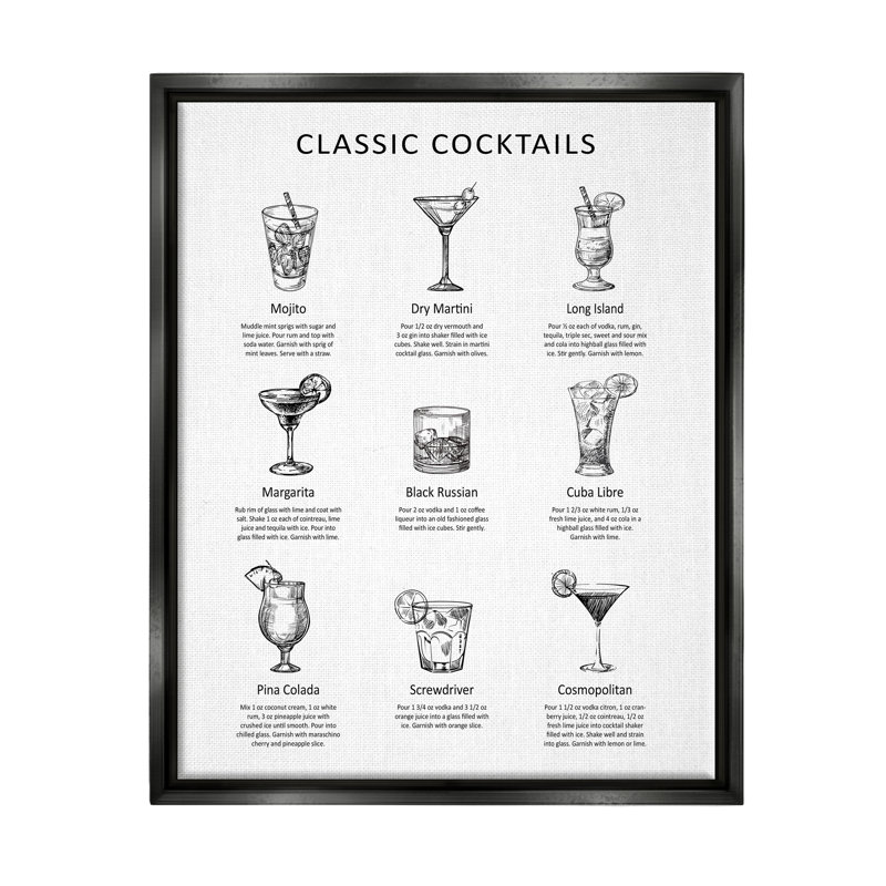 «Classic Cocktail Mixed Drinks Kitchen», impression sur toile encadrée flottante, Cadre flottant noir de jais
