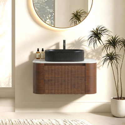 Meuble-lavabo de 30 po avec lavabo, armoire murale en noyer avec porte-serviettes gratuit, lavabo simple en céramique à rayures ovales noires, sans drain et robinet, pré-assemblé