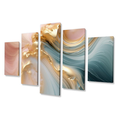 Exquise vague symphonique liquide or rose - formes abstraites, reproduction d'art sur toile - 5 panneaux