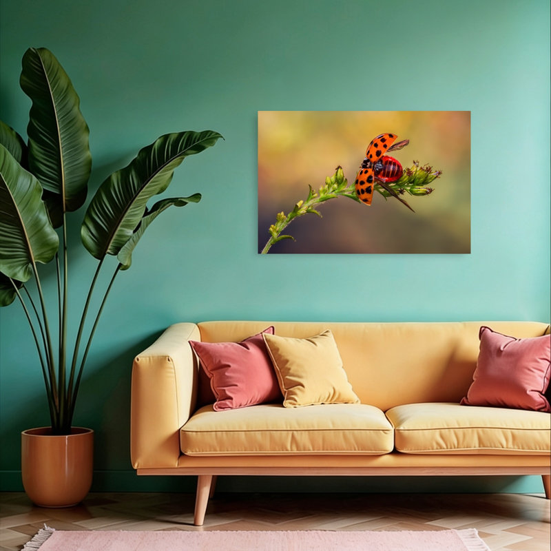 Ladybug Taking Flight Delicate Vibrant Contemporary Ladybird Ladybug Nature Plant Wall Art Print by Atul Saluja - Print