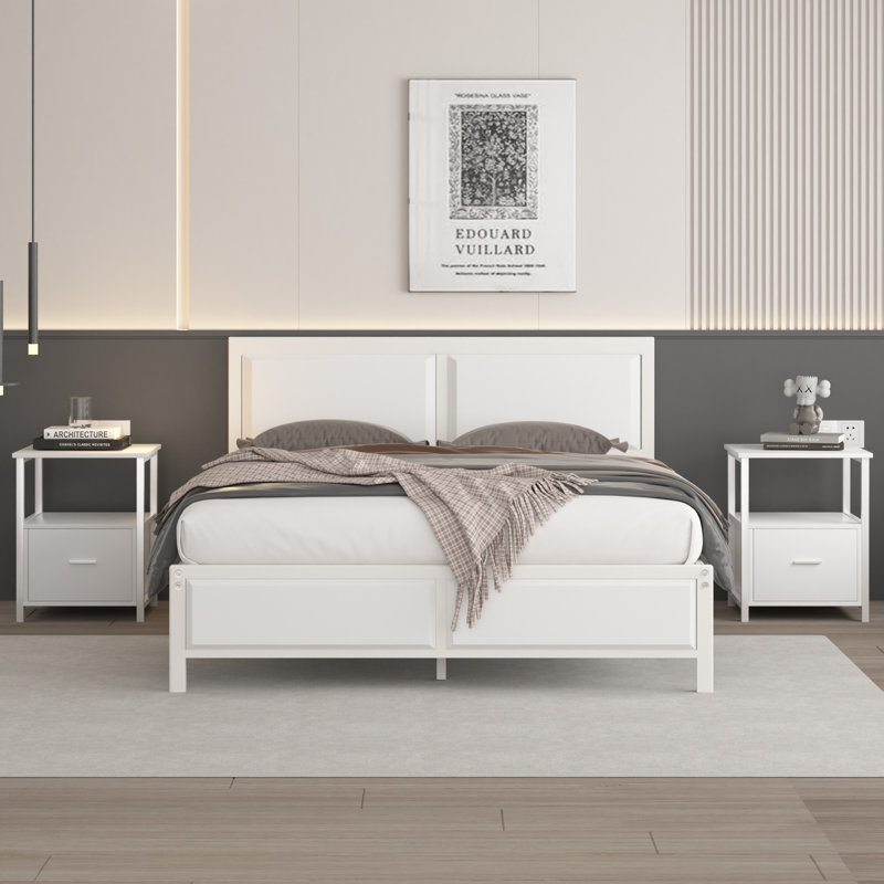 Laurea Steel 3 Piece Bedroom Set, Modern Farmhouse Platform Bed Frame with 2 Nightstands, Rustic White Queen Size Bedroom Furniture Set, No Box Spring Needed