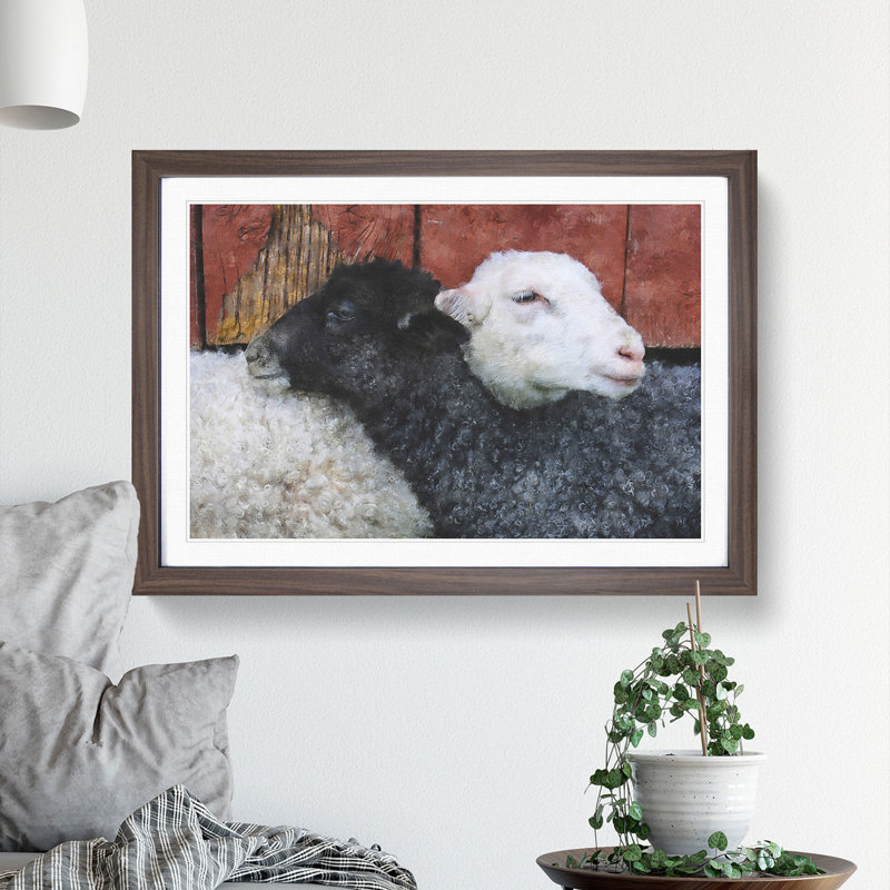 Black and White Sheep - Picture Frame Painting, 27cm H x 36cm W x 2cm D, Walnut Framed