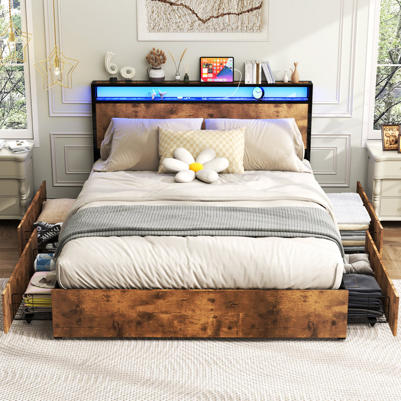 Modern Full/Queen Bed Frame With LED Lights, Storage Drawers, And Charging Station – Available In Brown And Gray, Full, Brown