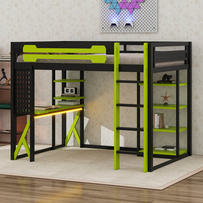 Lit mezzanine double en bois avec DEL, bureau et tablettes, lit mezzanine en bois, Black/Green