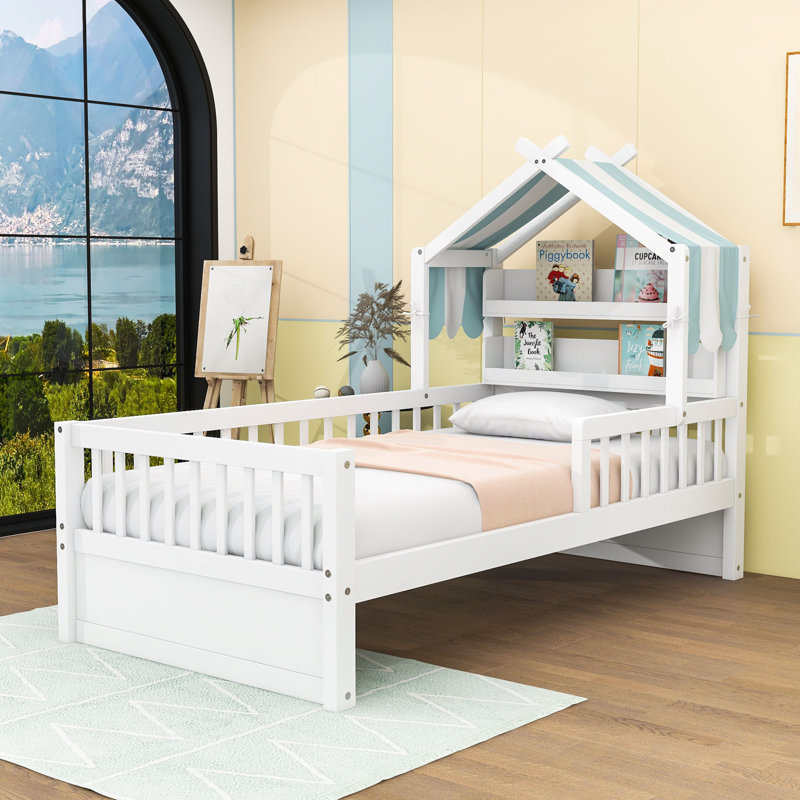 Wood House Bed with Storage Headboard, Twin, White