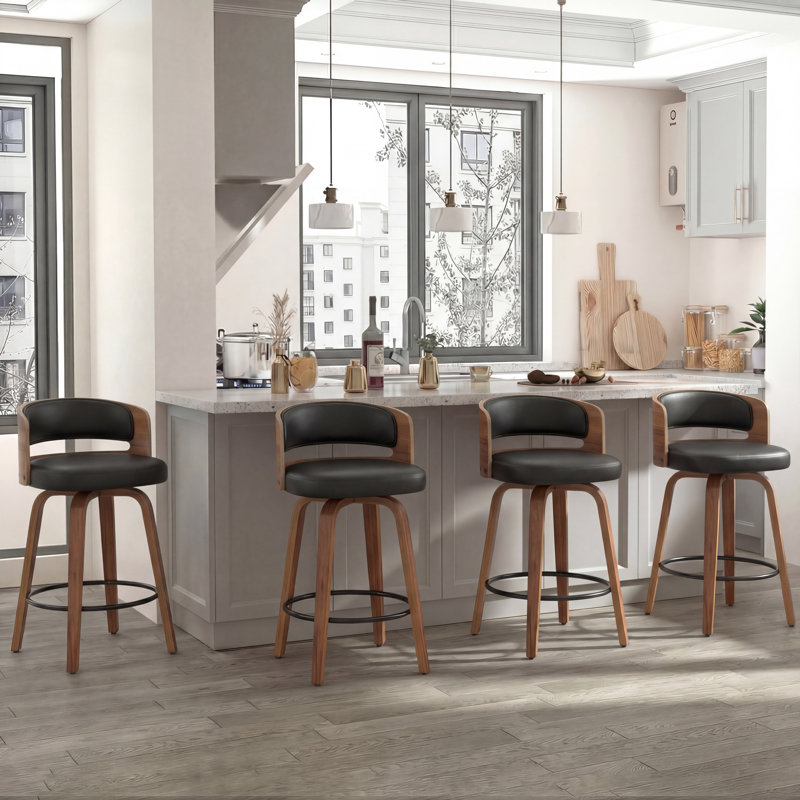 Tabourets de bar rembourrés 28,3 po Mid-Century avec dossier en bois courbé, Noir