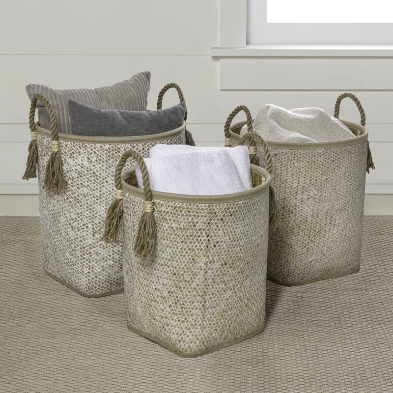 Celia Rustic Coastal Handwoven Palm Leaf Nesting Storage Baskets with Rope Handles (Set of 3), Natural/White