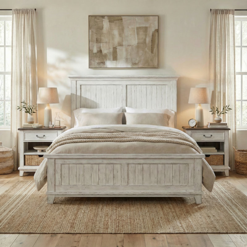 Ensemble de chambre avec très grand lit à panneaux et deux commodes de chevet Chalita, Très grand