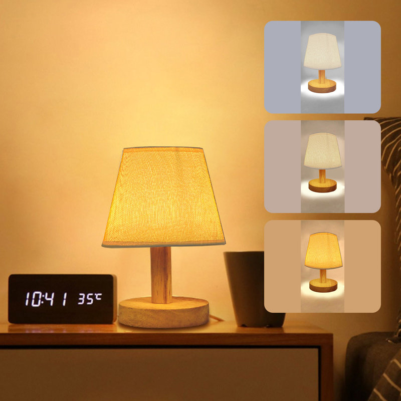 Lampe de table veilleuse pour la chambre à coucher à 3 lumières à intensité variable avec abat-jour rond en lin pour salon, bureau, dortoir, bois massif, ampoule DEL incluse