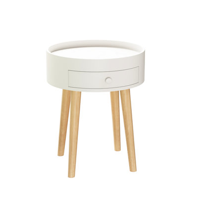 18"h Nightstand With Drawer, White Table Oak Legs For Bedroom Living Room, Scratch- Surface Treatment Side Drawer And Support - Bedside Scratch , Lightweight Practical